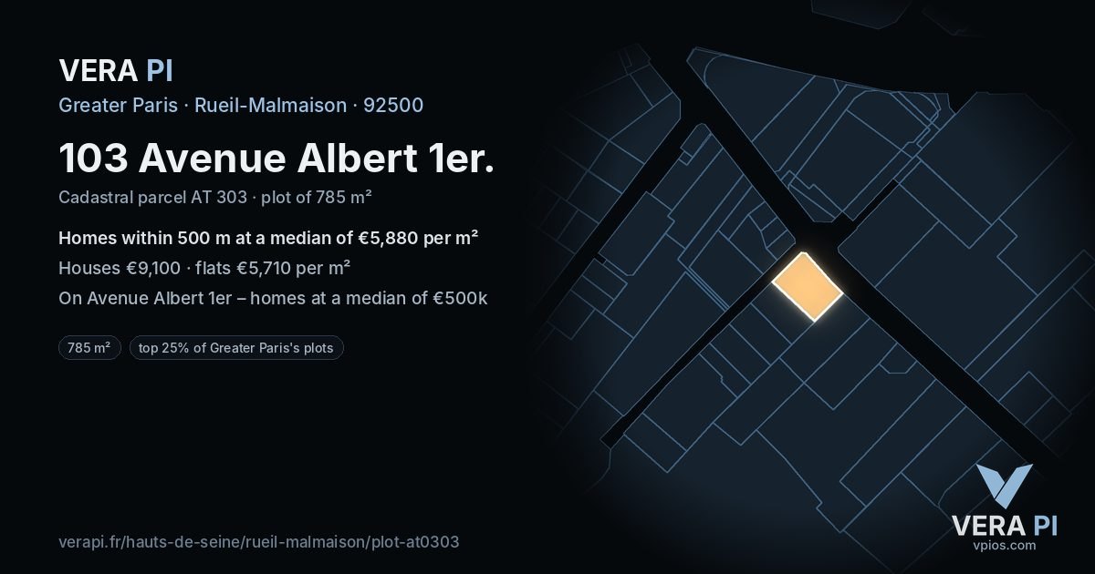 103 Avenue Albert 1er, Rueil-Malmaison at night – the plot lit, the parcels around coloured by the prices near them