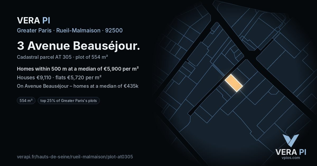 3 Avenue Beauséjour, Rueil-Malmaison at night – the plot lit, the parcels around coloured by the prices near them