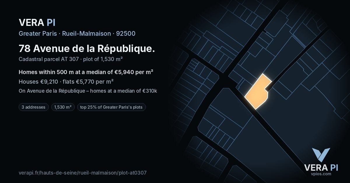 78 Avenue de la République, Rueil-Malmaison at night – the plot lit, the parcels around coloured by the prices near them