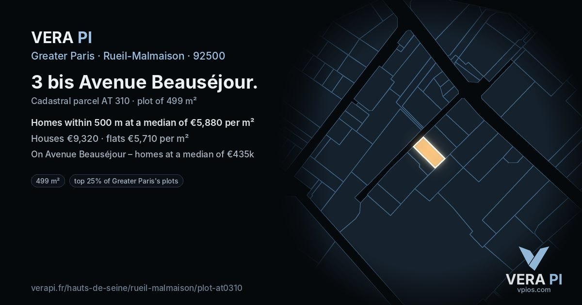 3 bis Avenue Beauséjour, Rueil-Malmaison at night – the plot lit, the parcels around coloured by the prices near them