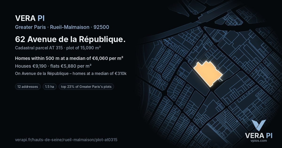 62 Avenue de la République, Rueil-Malmaison at night – the plot lit, the parcels around coloured by the prices near them