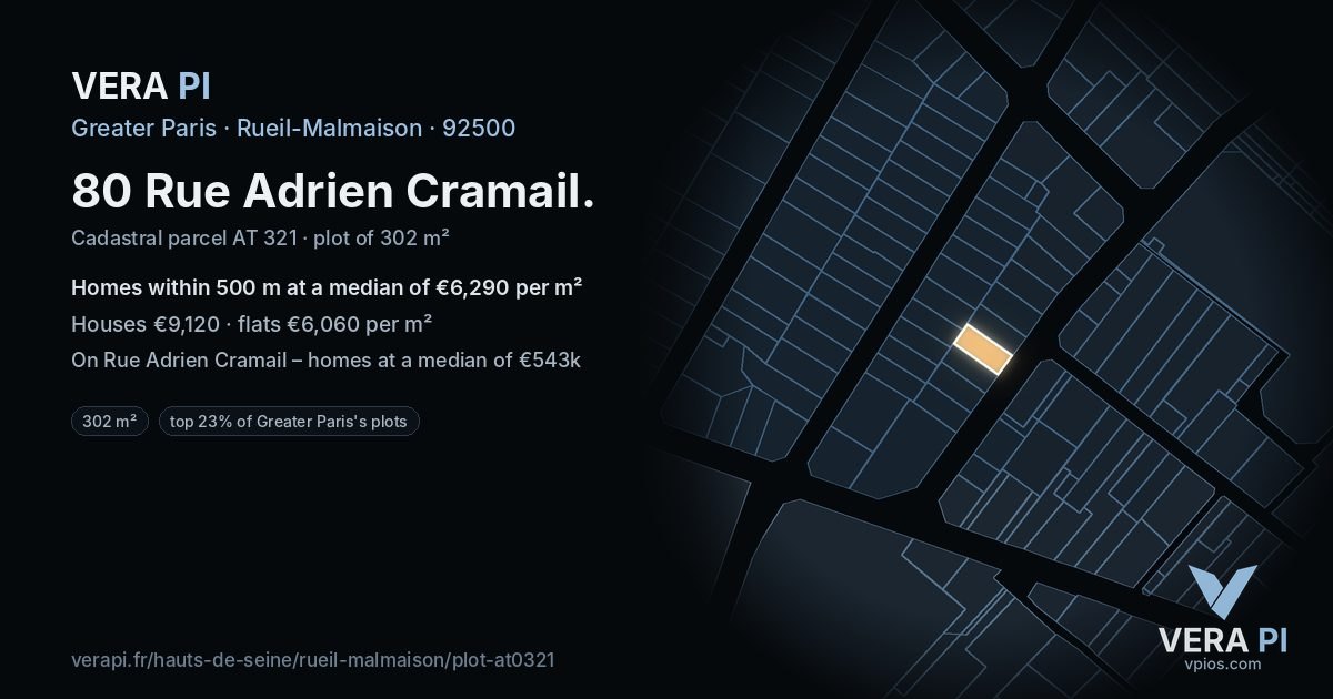 80 Rue Adrien Cramail, Rueil-Malmaison at night – the plot lit, the parcels around coloured by the prices near them