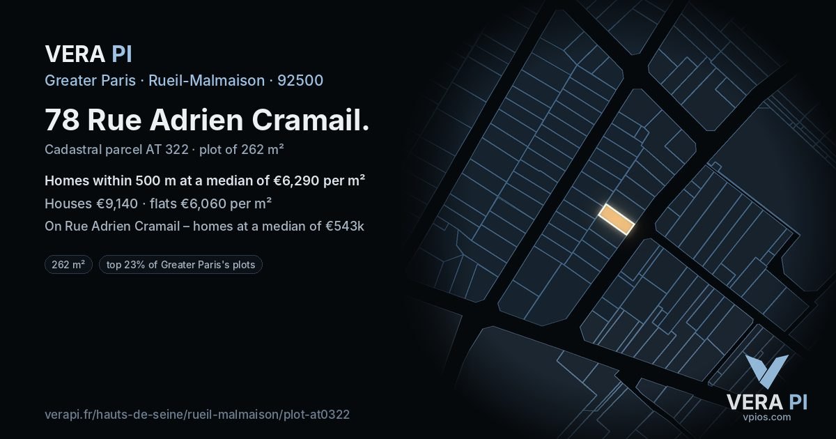 78 Rue Adrien Cramail, Rueil-Malmaison at night – the plot lit, the parcels around coloured by the prices near them