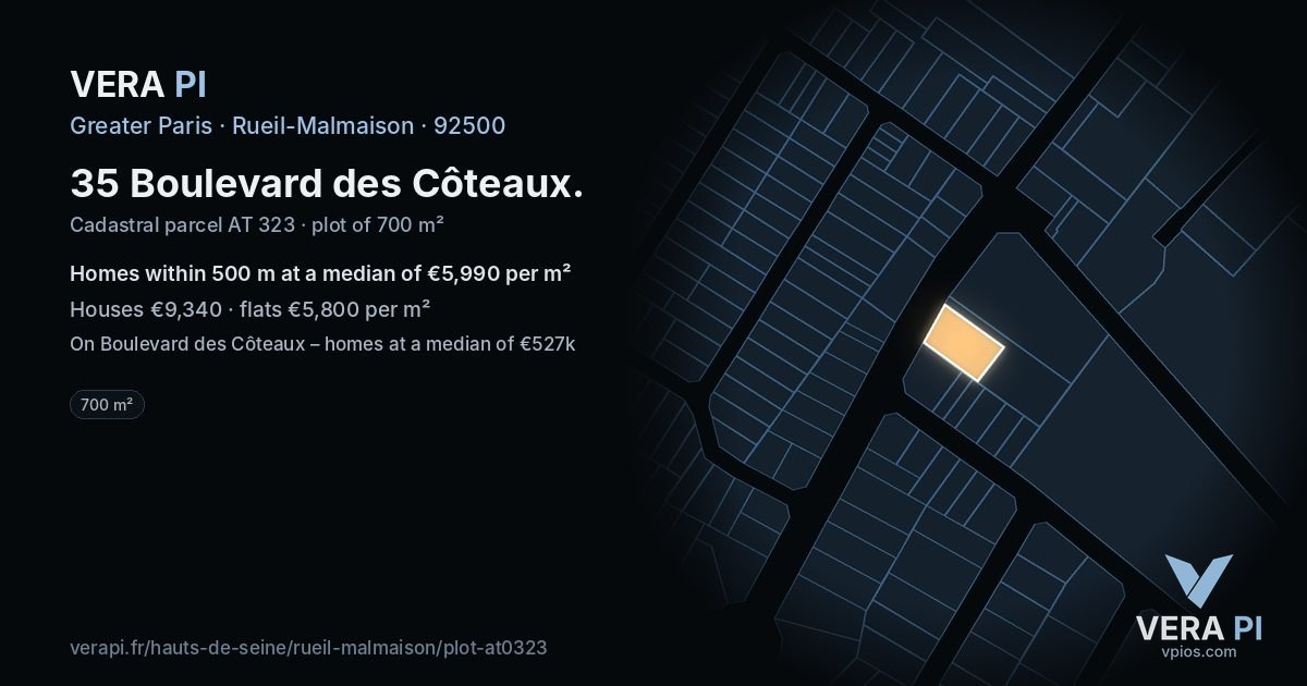 35 Boulevard des Côteaux, Rueil-Malmaison at night – the plot lit, the parcels around coloured by the prices near them