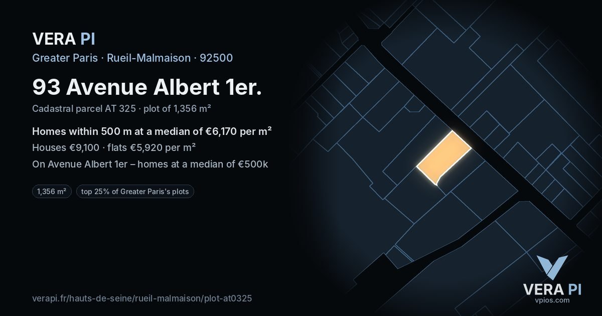 93 Avenue Albert 1er, Rueil-Malmaison at night – the plot lit, the parcels around coloured by the prices near them