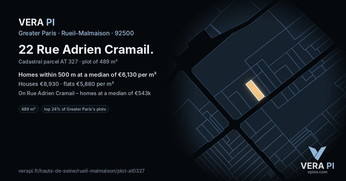 22 Rue Adrien Cramail, Rueil-Malmaison at night – the plot lit, the parcels around coloured by the prices near them