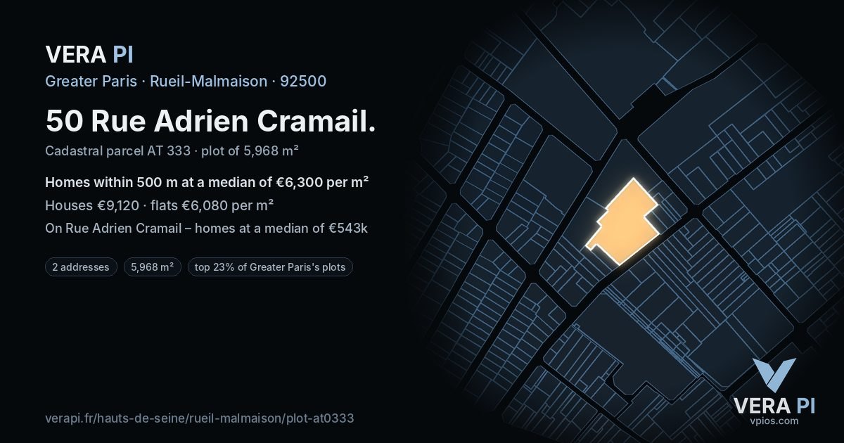50 Rue Adrien Cramail, Rueil-Malmaison at night – the plot lit, the parcels around coloured by the prices near them