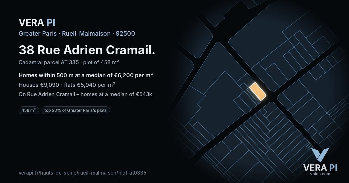 38 Rue Adrien Cramail, Rueil-Malmaison at night – the plot lit, the parcels around coloured by the prices near them