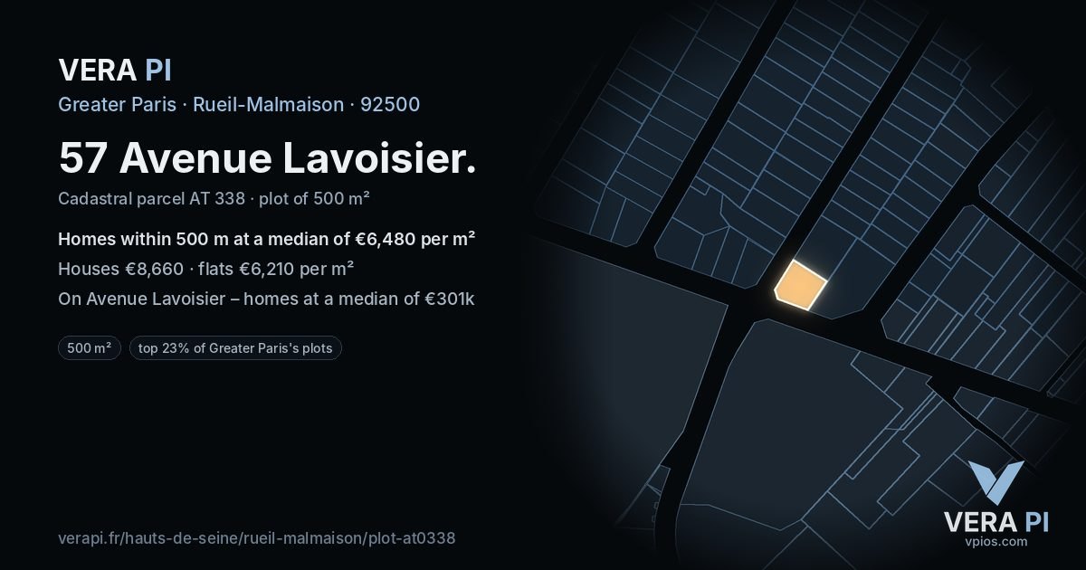 57 Avenue Lavoisier, Rueil-Malmaison at night – the plot lit, the parcels around coloured by the prices near them