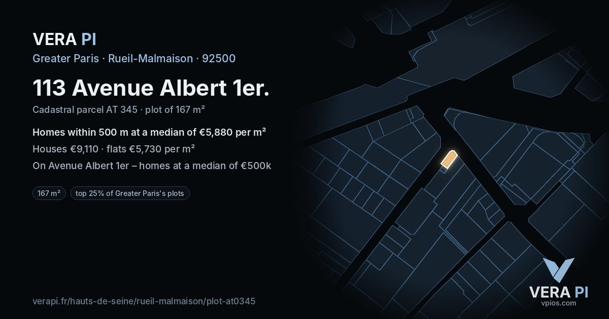 113 Avenue Albert 1er, Rueil-Malmaison at night – the plot lit, the parcels around coloured by the prices near them