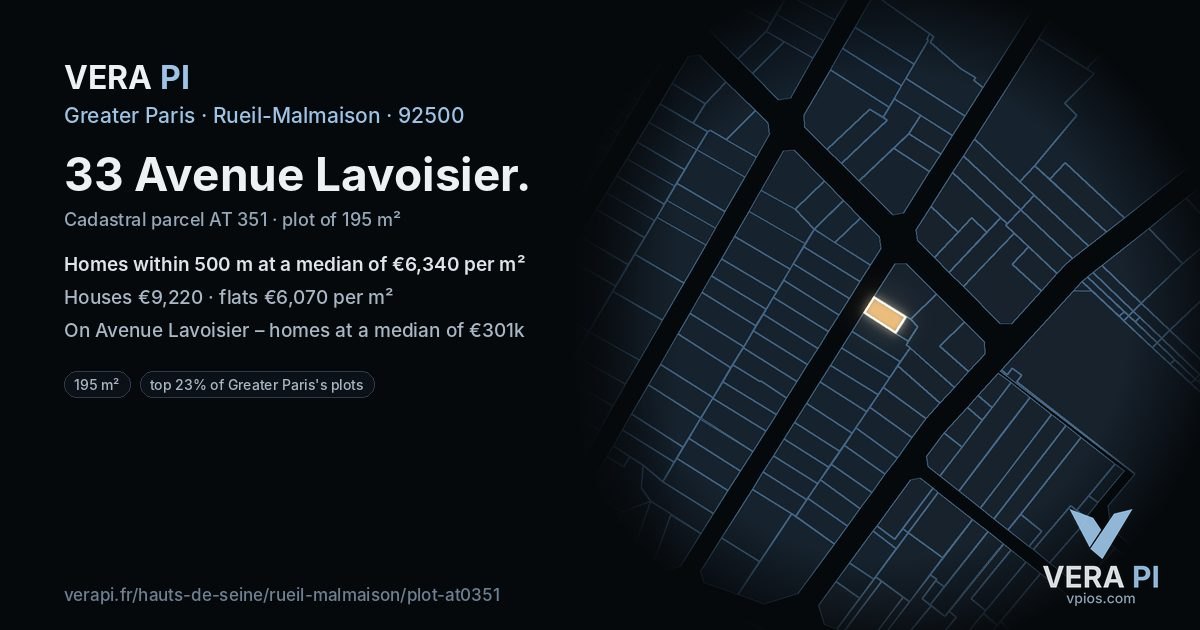 33 Avenue Lavoisier, Rueil-Malmaison at night – the plot lit, the parcels around coloured by the prices near them