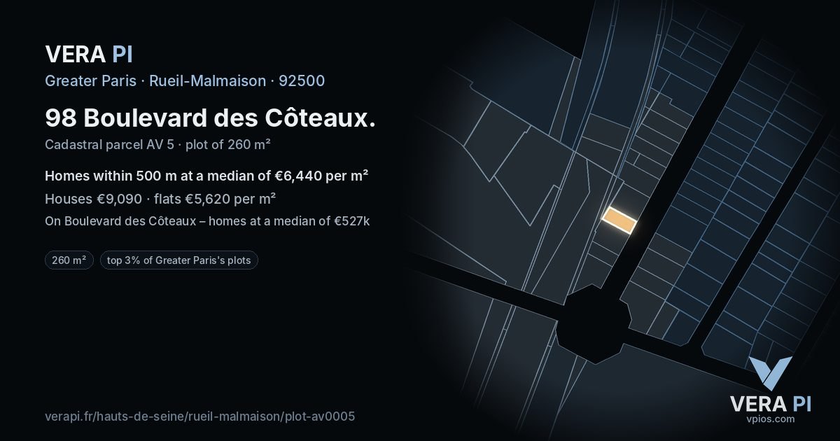 98 Boulevard des Côteaux, Rueil-Malmaison at night – the plot lit, the parcels around coloured by the prices near them