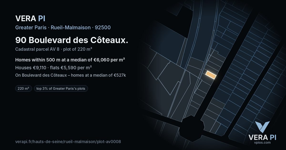 90 Boulevard des Côteaux, Rueil-Malmaison at night – the plot lit, the parcels around coloured by the prices near them