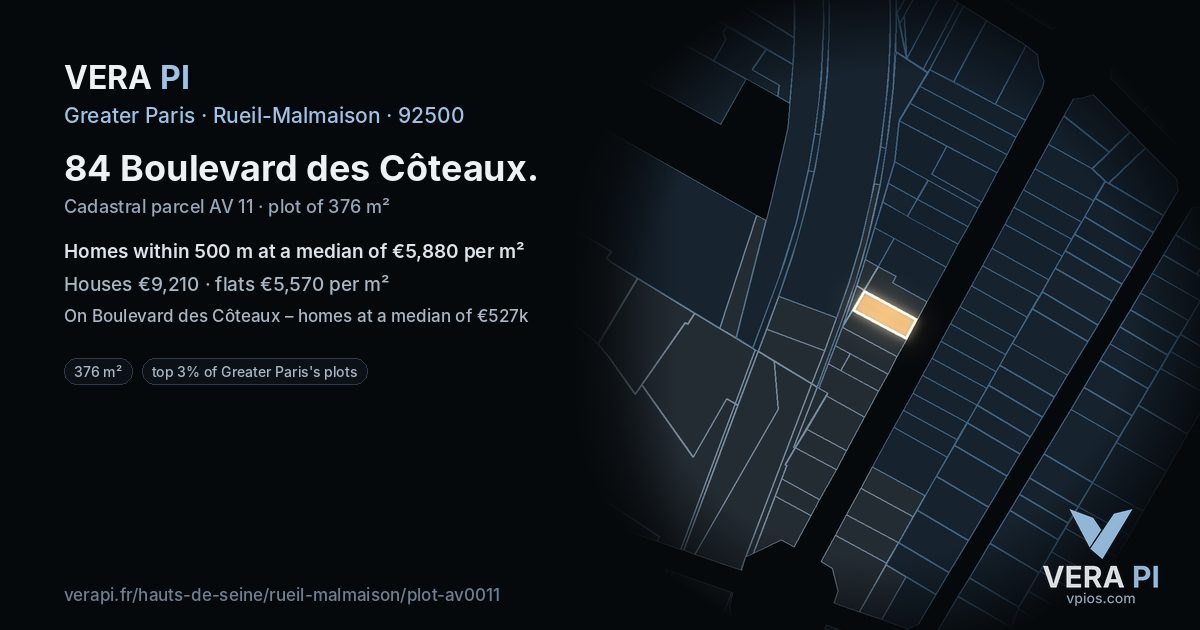 84 Boulevard des Côteaux, Rueil-Malmaison at night – the plot lit, the parcels around coloured by the prices near them