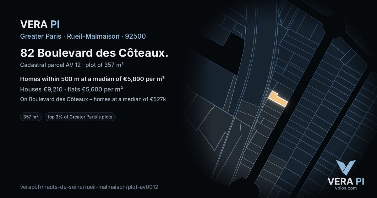 82 Boulevard des Côteaux, Rueil-Malmaison at night – the plot lit, the parcels around coloured by the prices near them