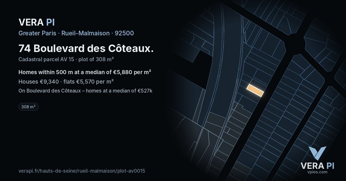74 Boulevard des Côteaux, Rueil-Malmaison at night – the plot lit, the parcels around coloured by the prices near them