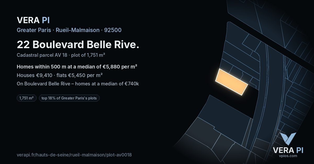 22 Boulevard Belle Rive, Rueil-Malmaison at night – the plot lit, the parcels around coloured by the prices near them