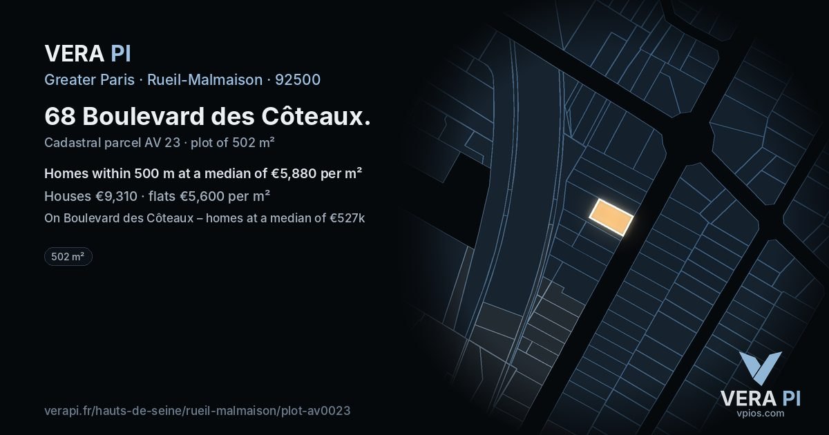 68 Boulevard des Côteaux, Rueil-Malmaison at night – the plot lit, the parcels around coloured by the prices near them