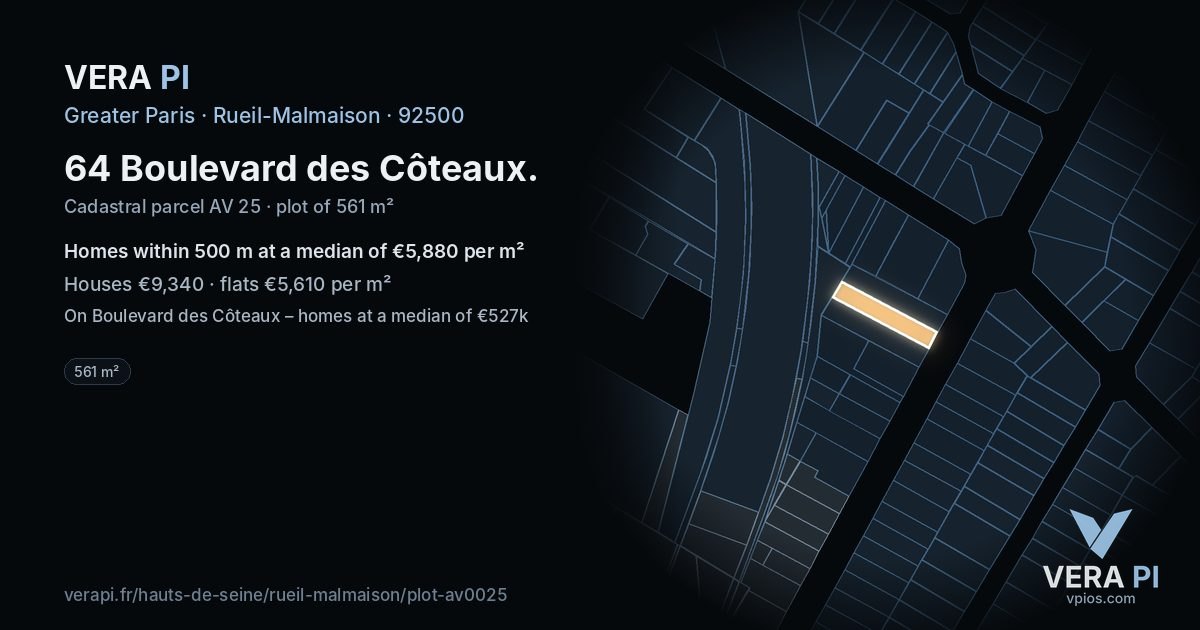 64 Boulevard des Côteaux, Rueil-Malmaison at night – the plot lit, the parcels around coloured by the prices near them