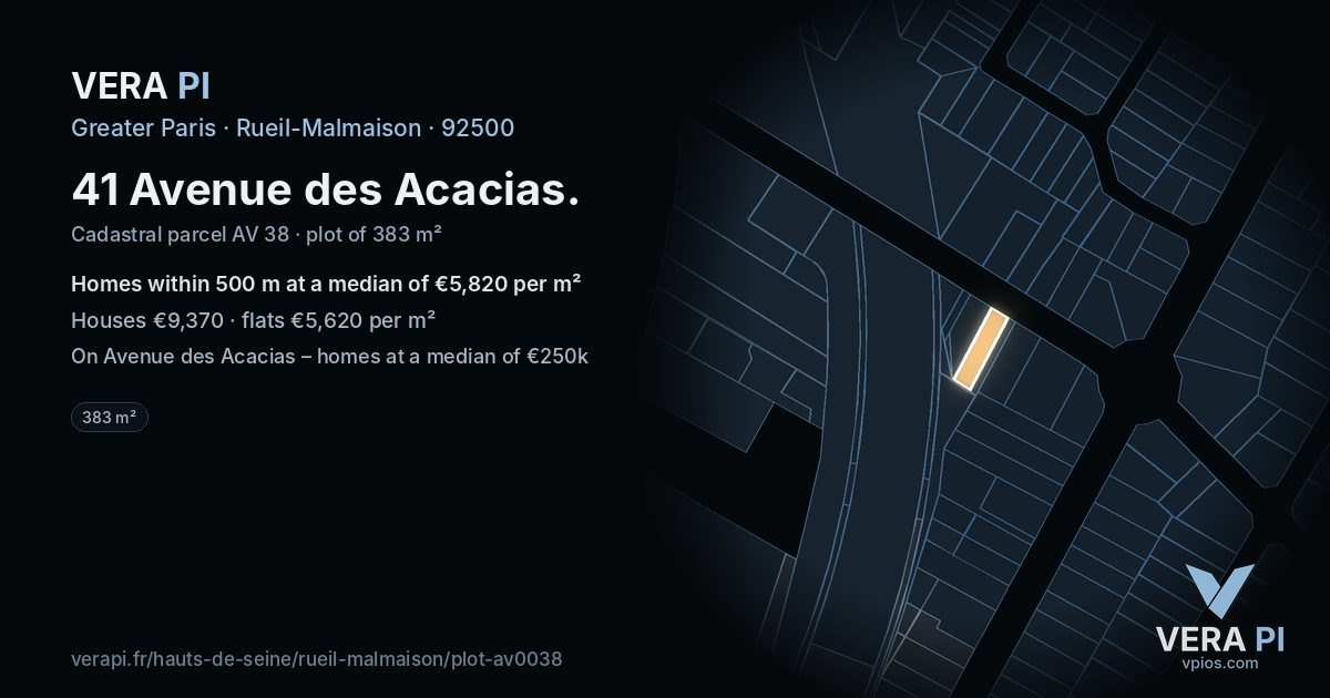 41 Avenue des Acacias, Rueil-Malmaison at night – the plot lit, the parcels around coloured by the prices near them