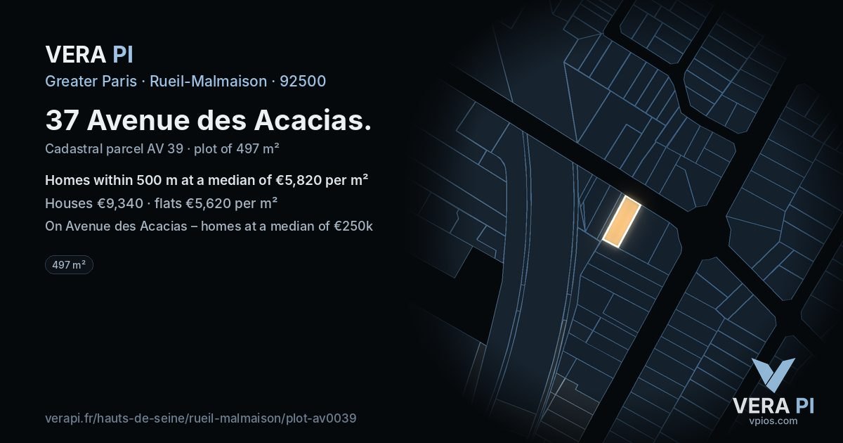 37 Avenue des Acacias, Rueil-Malmaison at night – the plot lit, the parcels around coloured by the prices near them