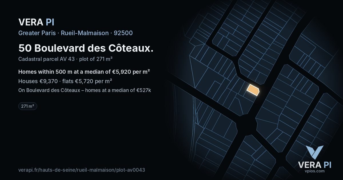 50 Boulevard des Côteaux, Rueil-Malmaison at night – the plot lit, the parcels around coloured by the prices near them