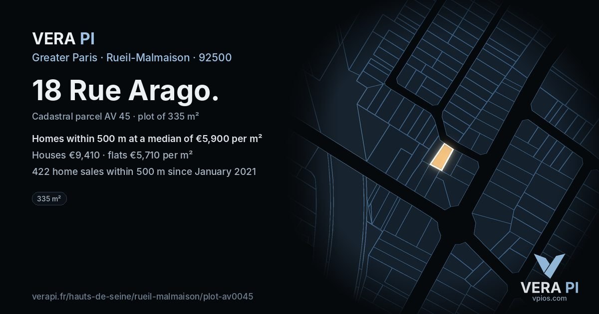 18 Rue Arago, Rueil-Malmaison at night – the plot lit, the parcels around coloured by the prices near them