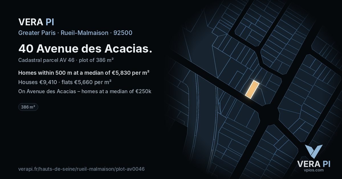 40 Avenue des Acacias, Rueil-Malmaison at night – the plot lit, the parcels around coloured by the prices near them