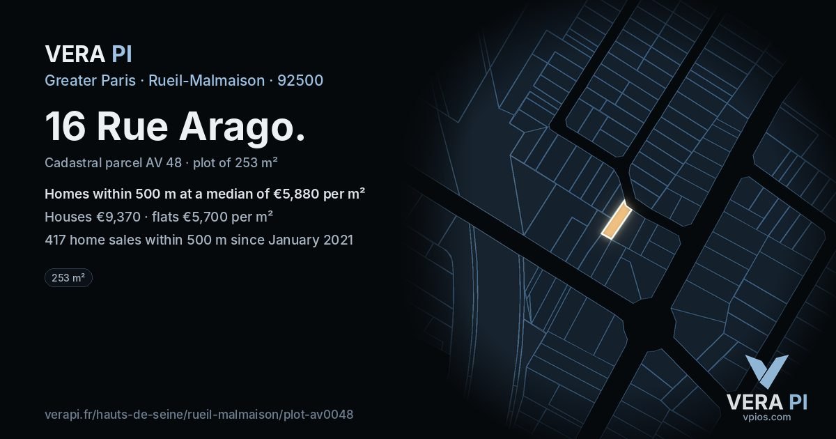 16 Rue Arago, Rueil-Malmaison at night – the plot lit, the parcels around coloured by the prices near them