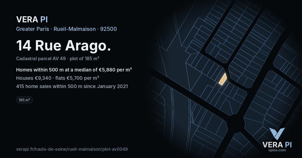14 Rue Arago, Rueil-Malmaison at night – the plot lit, the parcels around coloured by the prices near them