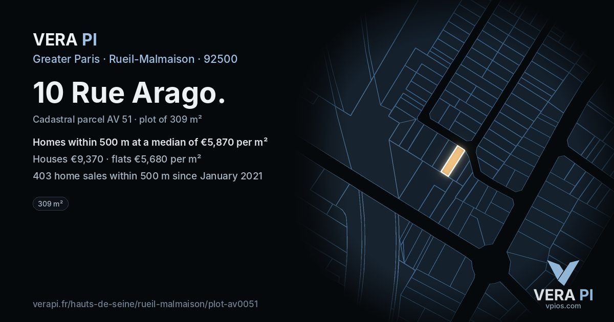 10 Rue Arago, Rueil-Malmaison at night – the plot lit, the parcels around coloured by the prices near them