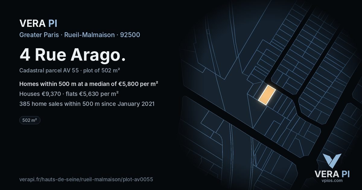 4 Rue Arago, Rueil-Malmaison at night – the plot lit, the parcels around coloured by the prices near them