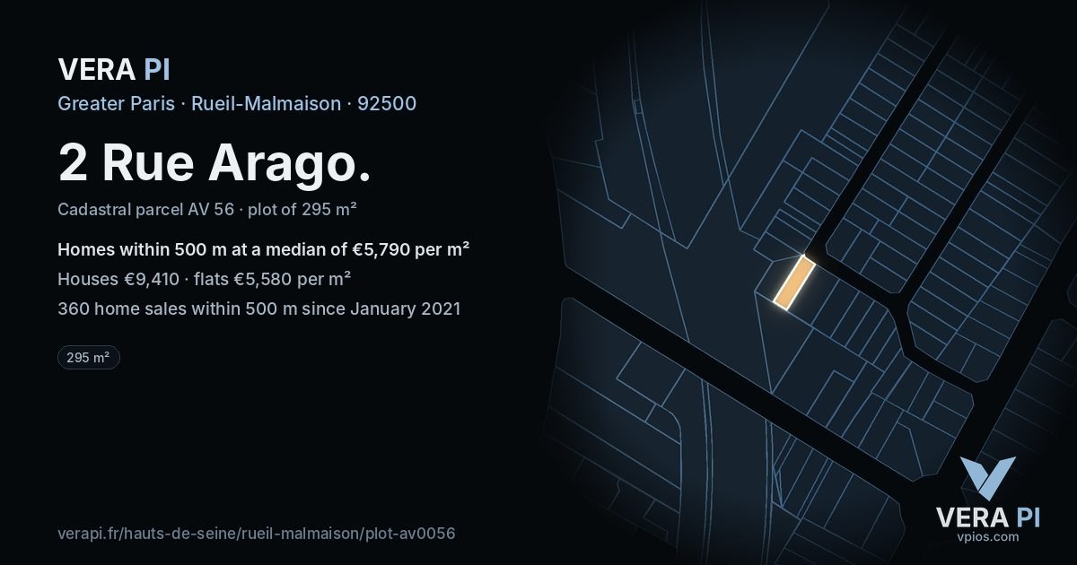 2 Rue Arago, Rueil-Malmaison at night – the plot lit, the parcels around coloured by the prices near them
