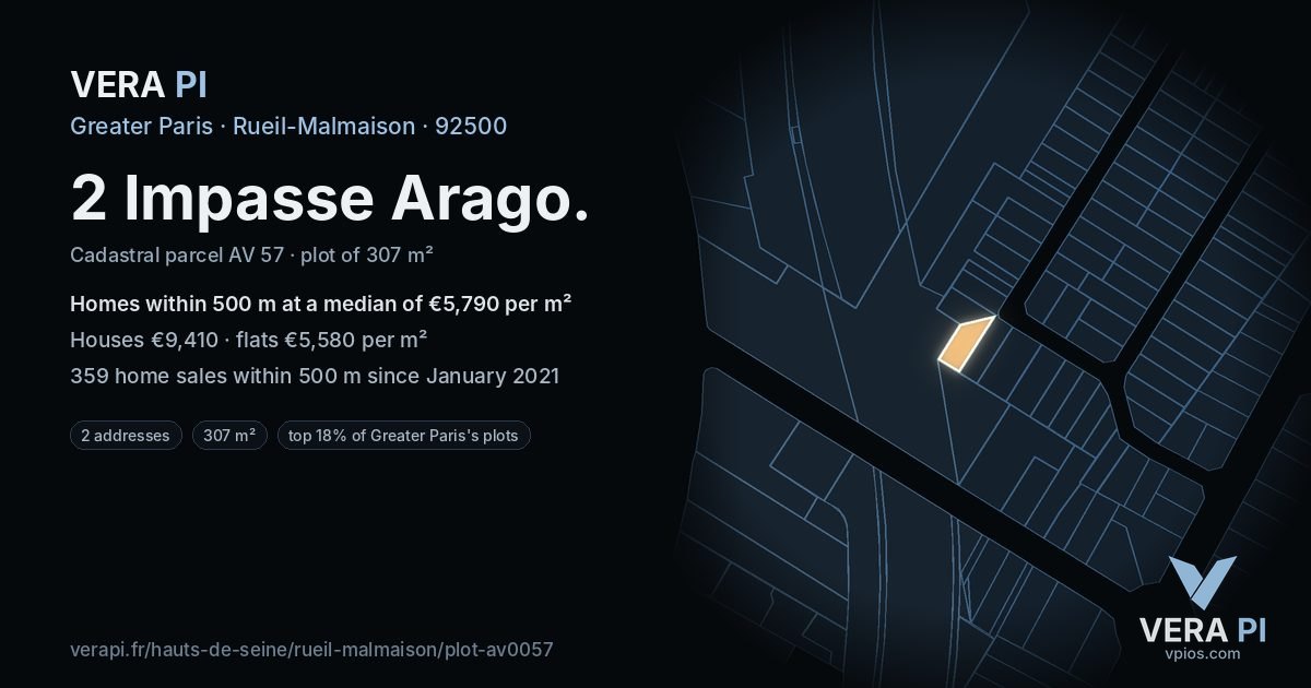 2 Impasse Arago, Rueil-Malmaison at night – the plot lit, the parcels around coloured by the prices near them