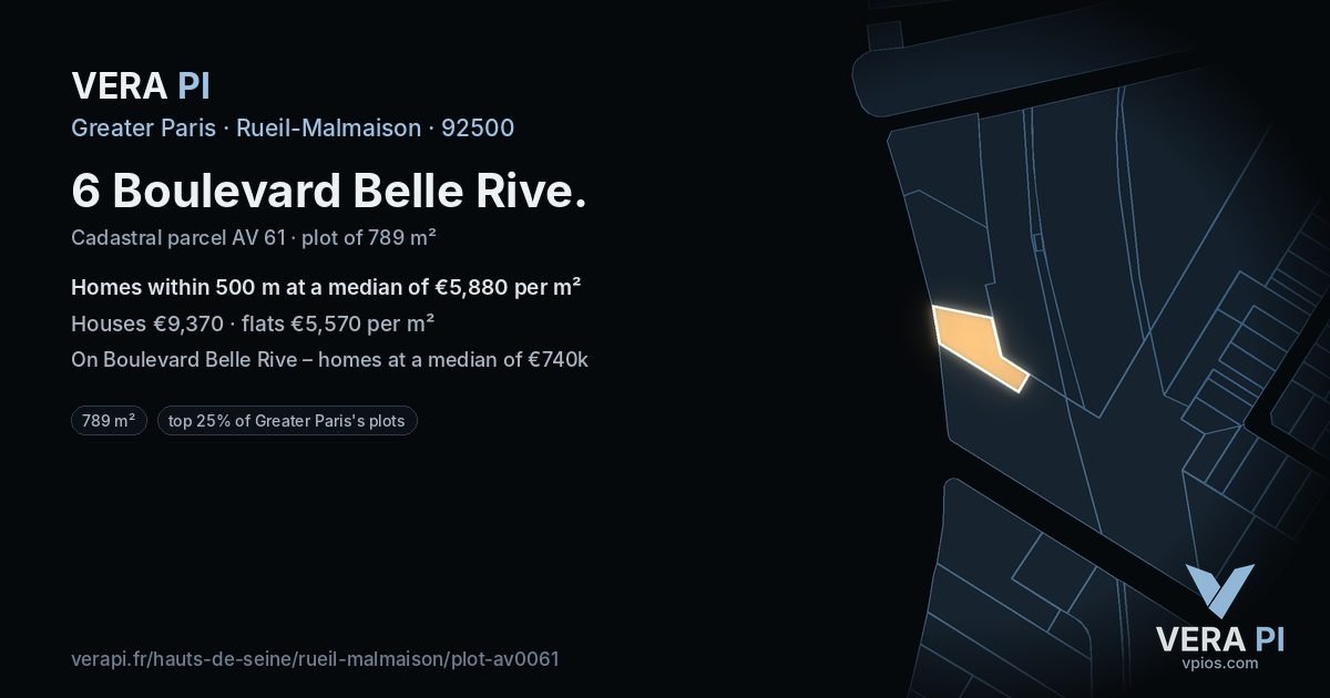 6 Boulevard Belle Rive, Rueil-Malmaison at night – the plot lit, the parcels around coloured by the prices near them