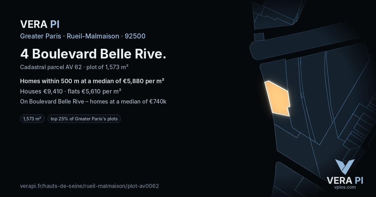 4 Boulevard Belle Rive, Rueil-Malmaison at night – the plot lit, the parcels around coloured by the prices near them