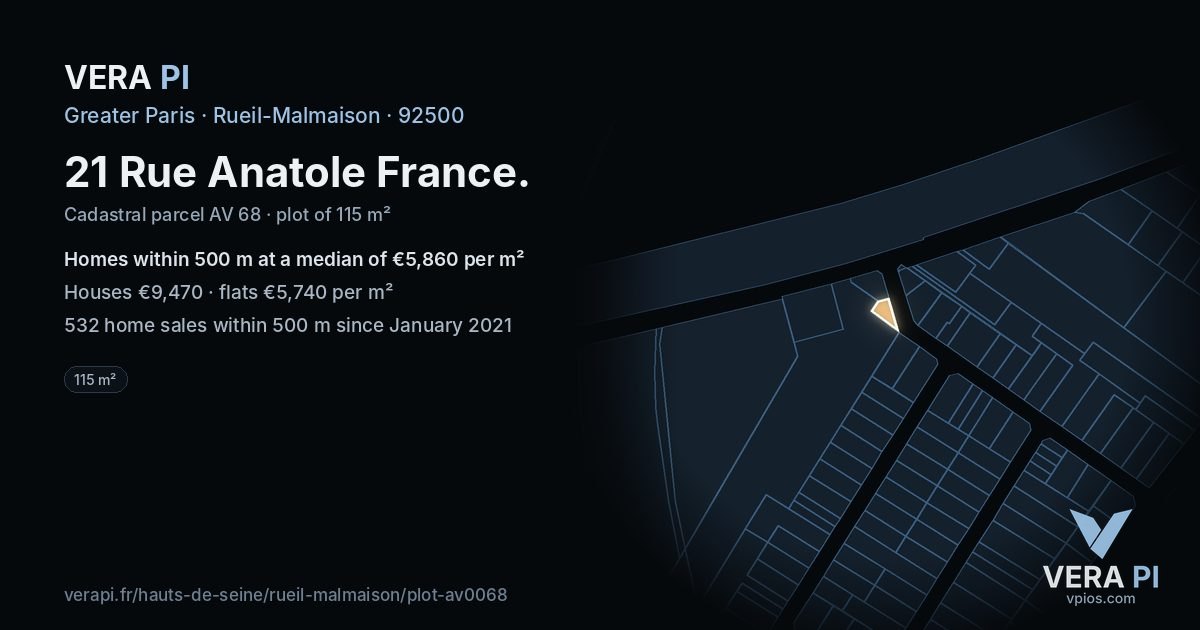 21 Rue Anatole France, Rueil-Malmaison at night – the plot lit, the parcels around coloured by the prices near them