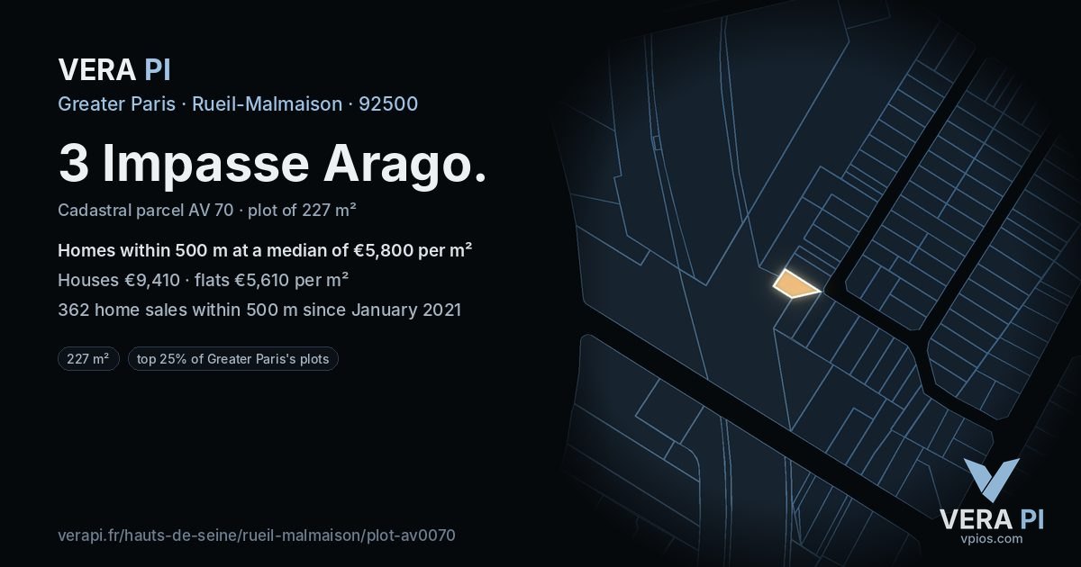 3 Impasse Arago, Rueil-Malmaison at night – the plot lit, the parcels around coloured by the prices near them