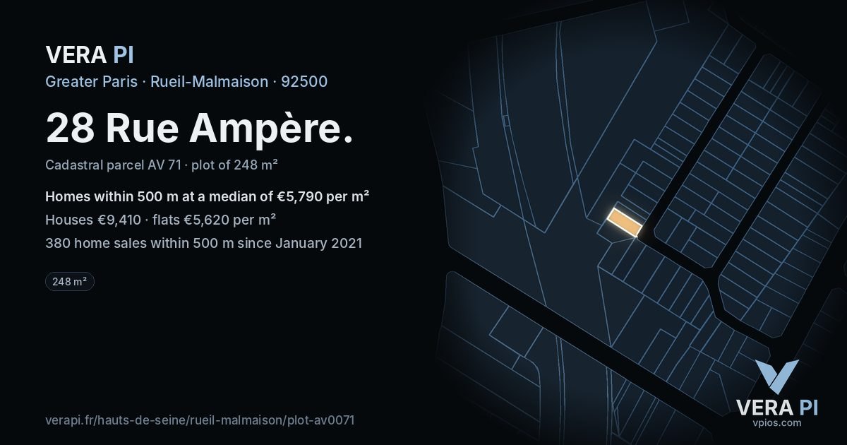 28 Rue Ampère, Rueil-Malmaison at night – the plot lit, the parcels around coloured by the prices near them
