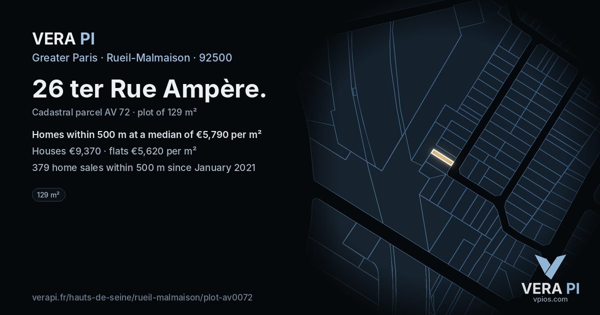 26 ter Rue Ampère, Rueil-Malmaison at night – the plot lit, the parcels around coloured by the prices near them