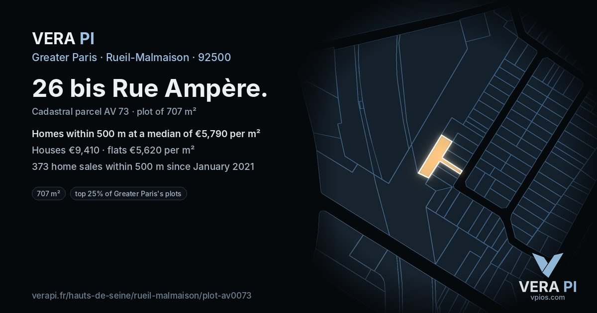 26 bis Rue Ampère, Rueil-Malmaison at night – the plot lit, the parcels around coloured by the prices near them