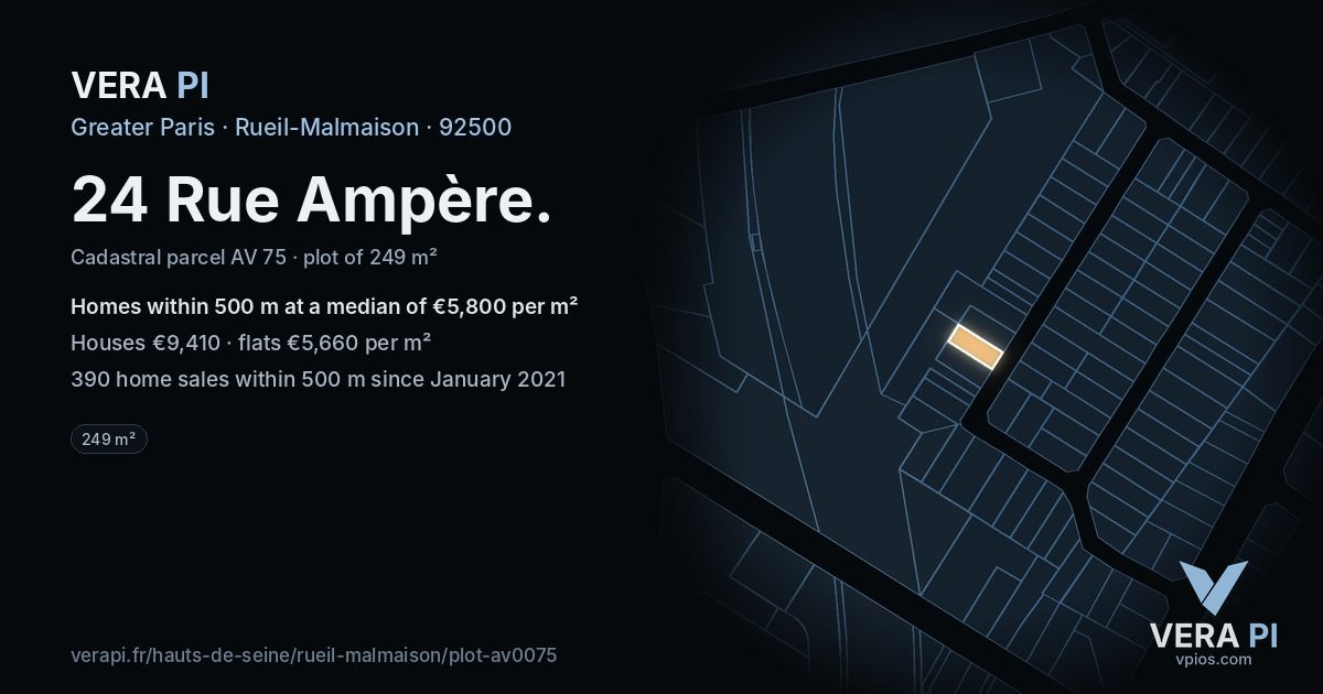 24 Rue Ampère, Rueil-Malmaison at night – the plot lit, the parcels around coloured by the prices near them