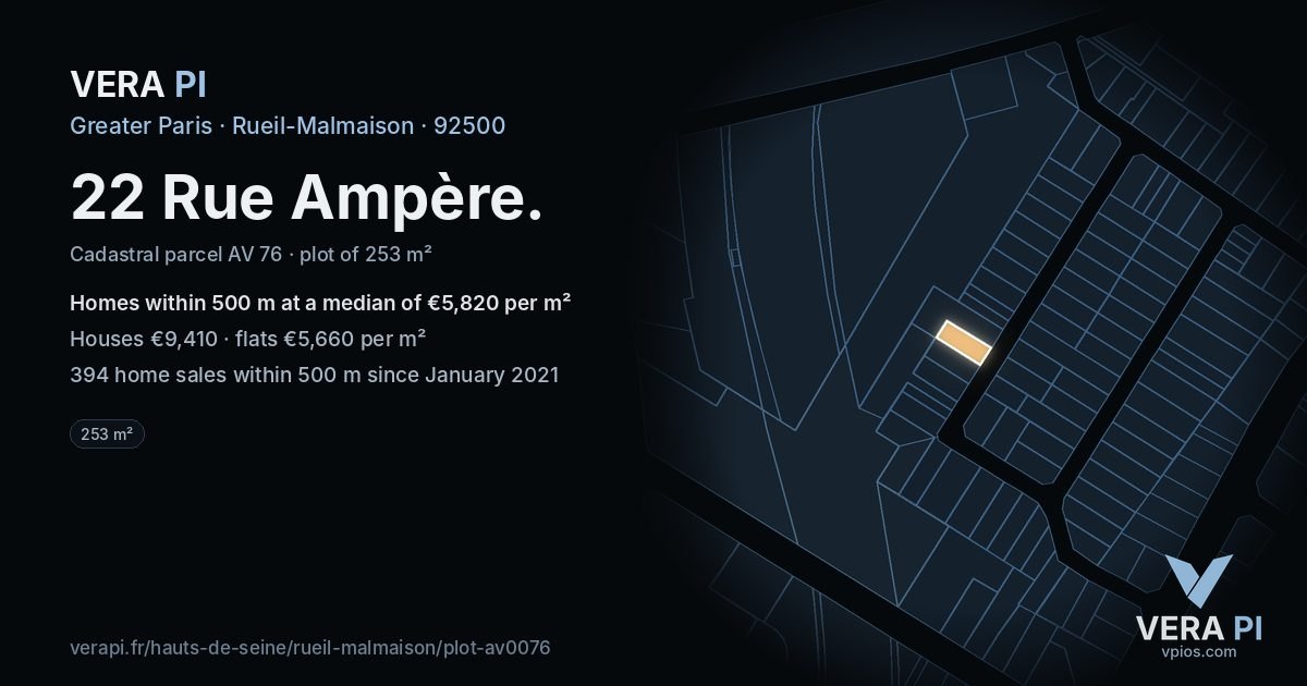 22 Rue Ampère, Rueil-Malmaison at night – the plot lit, the parcels around coloured by the prices near them