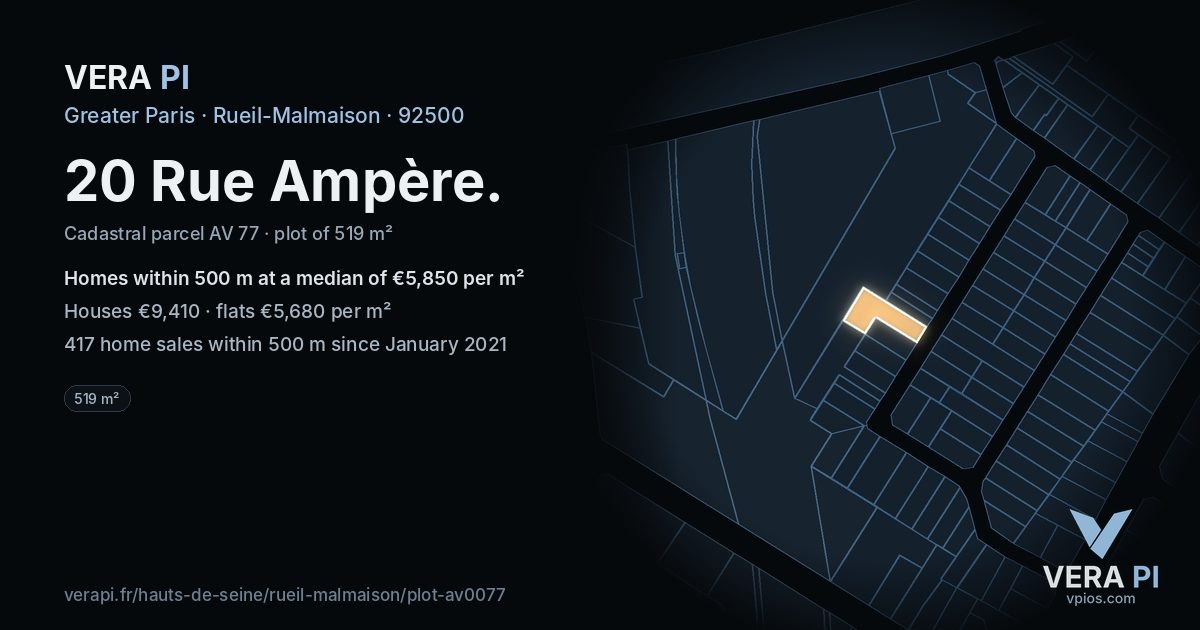 20 Rue Ampère, Rueil-Malmaison at night – the plot lit, the parcels around coloured by the prices near them