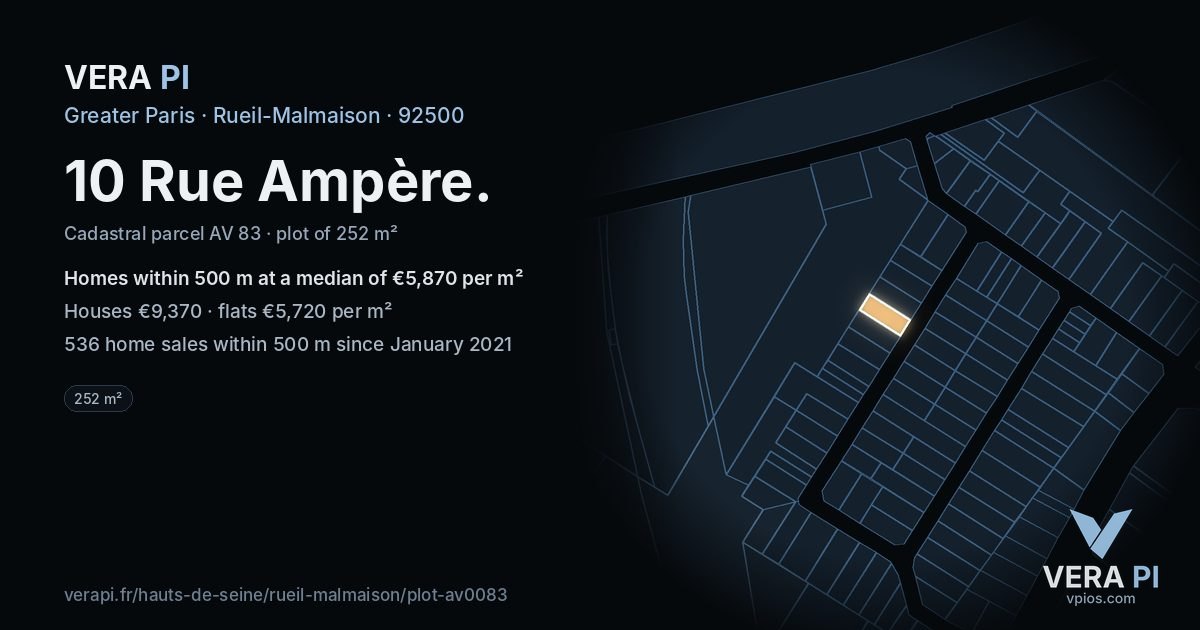 10 Rue Ampère, Rueil-Malmaison at night – the plot lit, the parcels around coloured by the prices near them