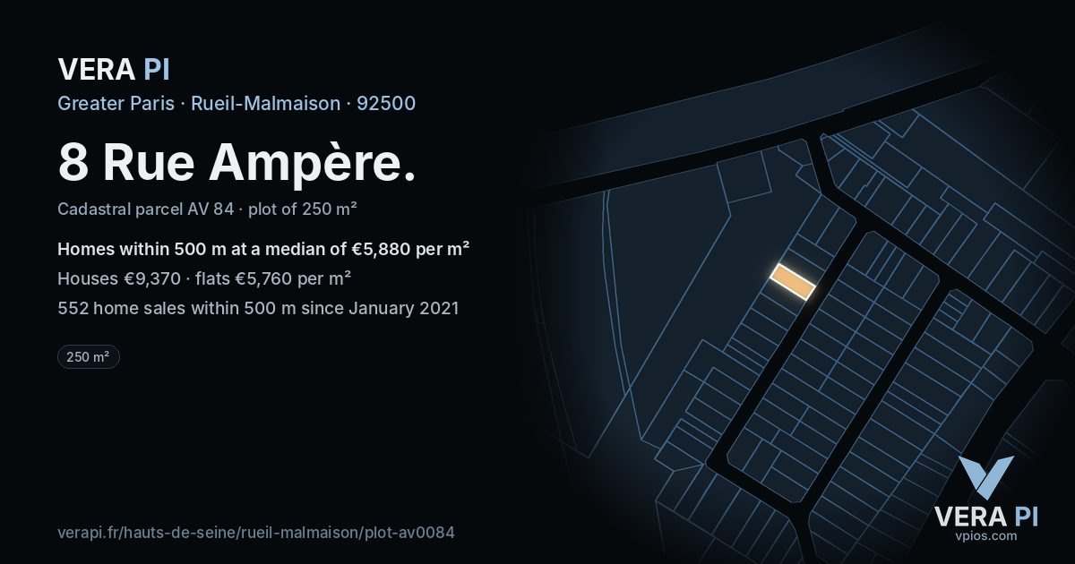 8 Rue Ampère, Rueil-Malmaison at night – the plot lit, the parcels around coloured by the prices near them
