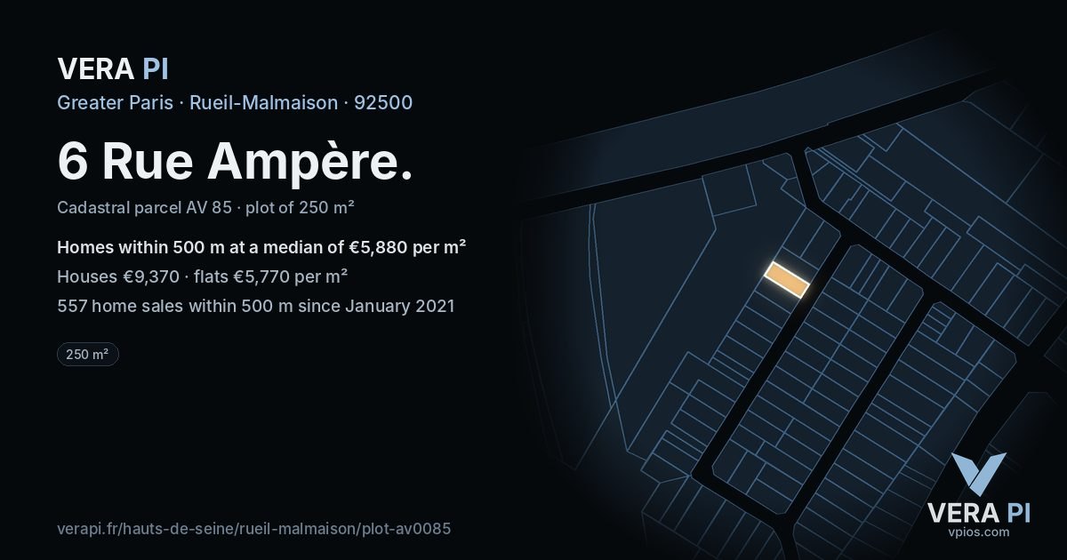 6 Rue Ampère, Rueil-Malmaison at night – the plot lit, the parcels around coloured by the prices near them