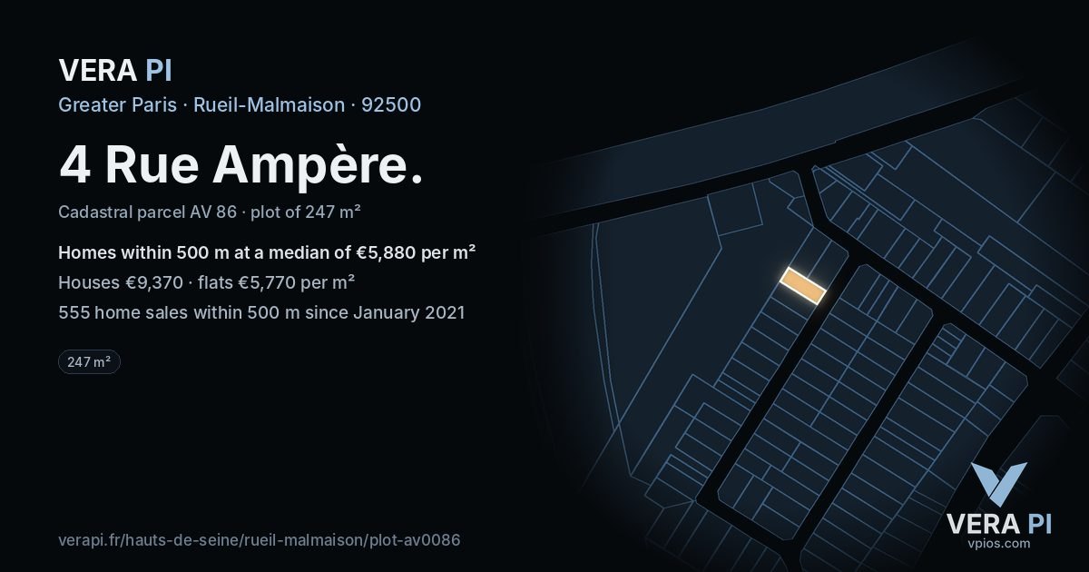 4 Rue Ampère, Rueil-Malmaison at night – the plot lit, the parcels around coloured by the prices near them