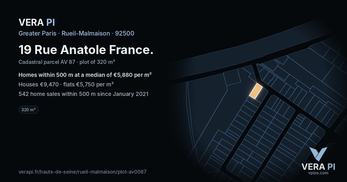 19 Rue Anatole France, Rueil-Malmaison at night – the plot lit, the parcels around coloured by the prices near them