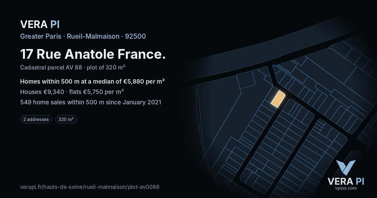 17 Rue Anatole France, Rueil-Malmaison at night – the plot lit, the parcels around coloured by the prices near them